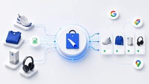 Rappresentazione di Google Merchant Center che collega il catalogo ecommerce alle superfici Google