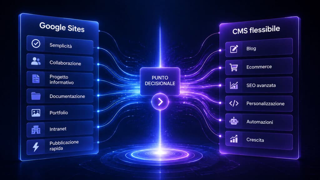 Google Sites: cos'è, come funziona e come creare un sito web gratis 1 Schema che mostra quando Google Sites è adatto a un progetto semplice e quando serve una piattaforma più flessibile