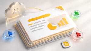 Home 8 Deck di Google Slides rappresentato come presentazione cloud collaborativa in stile 3D premium.