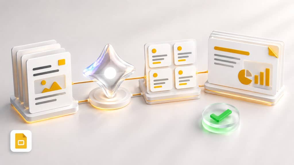 Google Slides: cos'è, come funziona e come creare presentazioni con Google 2 Workflow visuale da contenuti sorgente a presentazione Google Slides con passaggio intermedio di Gemini e revisione finale.