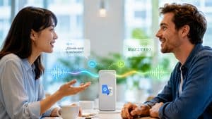 Home 8 Due persone comunicano in lingue diverse usando Google Traduttore su smartphone
