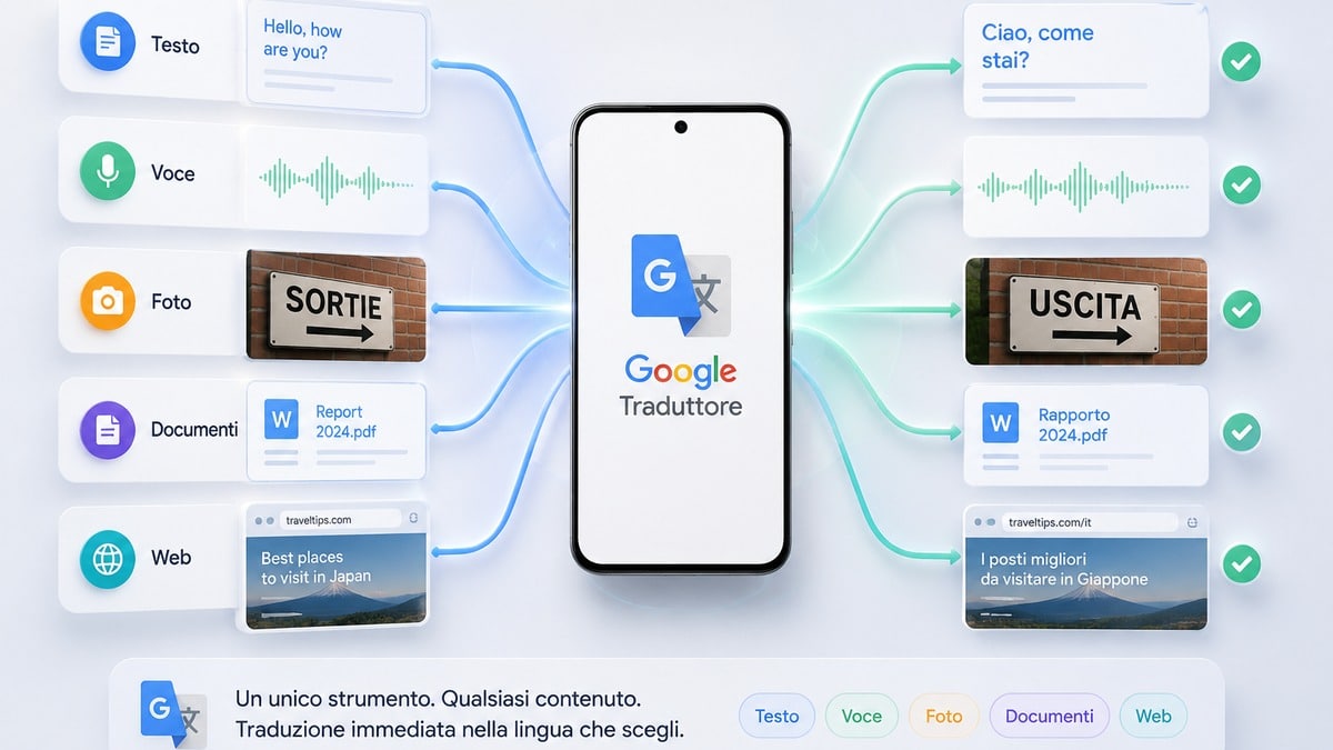 Google Traduttore: come funziona e come usarlo davvero 1 Google Traduttore rappresentato con traduzione di testo, voce, immagini, documenti e siti web