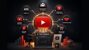 Rappresentazione della monetizzazione di un canale YouTube attraverso diverse fonti di ricavo