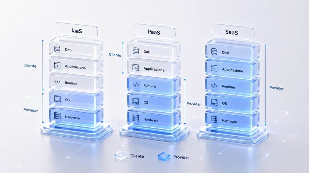 Cloud computing: cos’è, come funziona, tipi, servizi ed esempi 1 Diagramma dei livelli gestiti dal cliente e dal provider nei modelli IaaS PaaS e SaaS