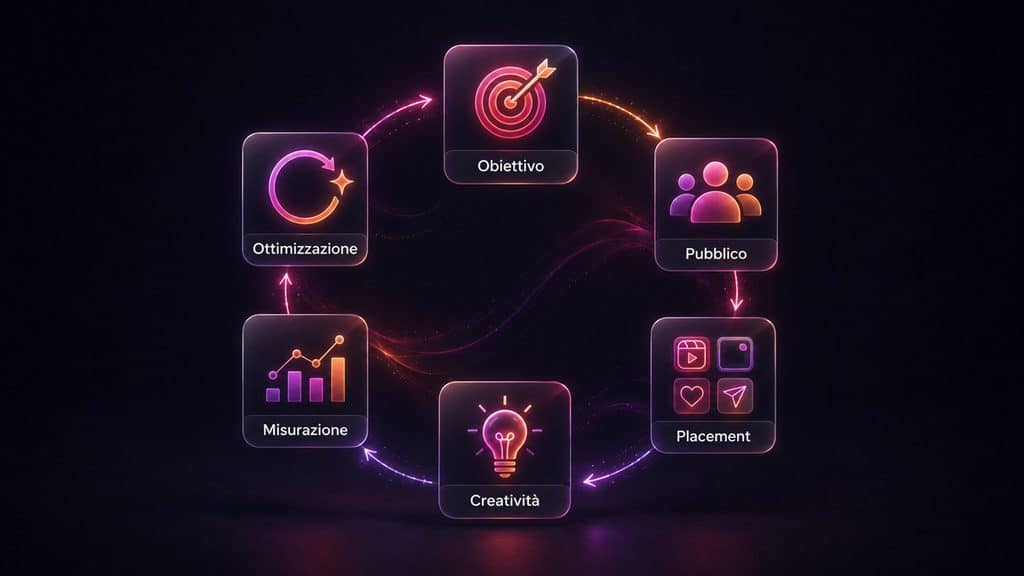 Instagram Ads: come funzionano, costi e come creare campagne efficaci 1 Schema del processo Instagram Ads da obiettivo e pubblico fino a misurazione e ottimizzazione