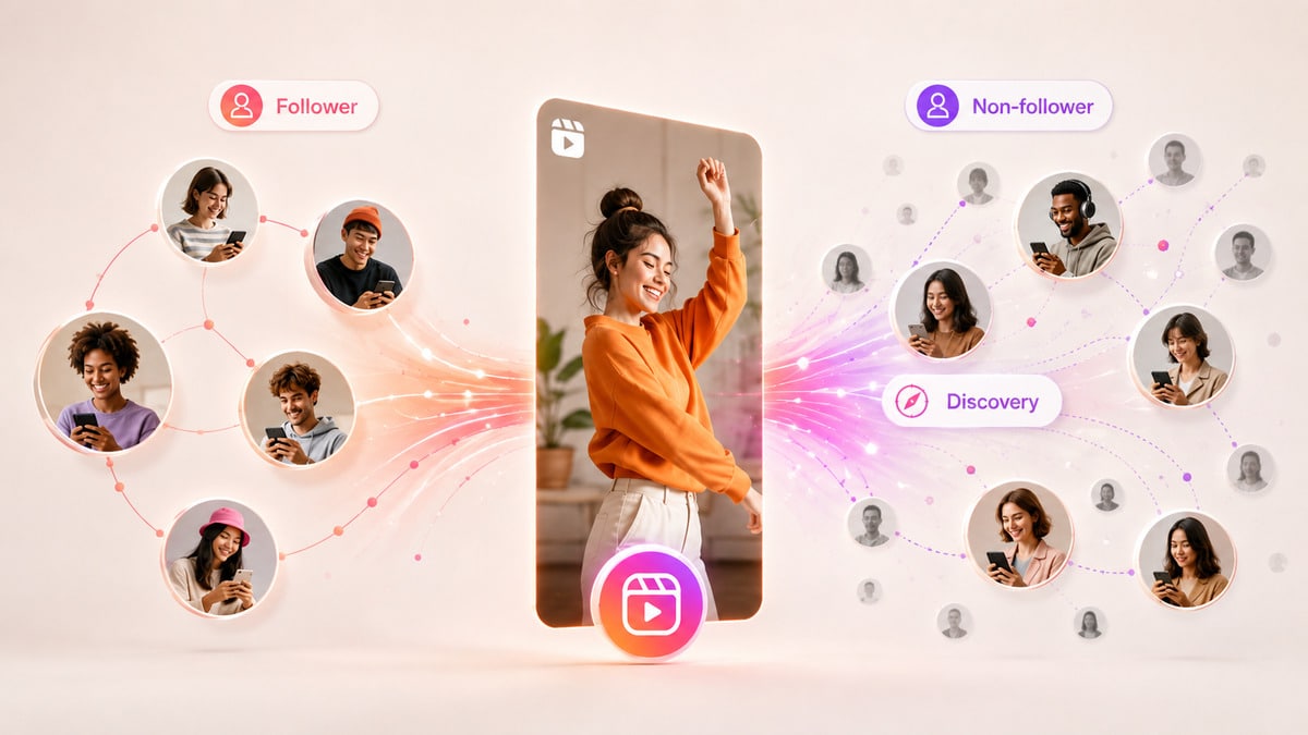 Instagram Reels: cosa sono, come funzionano e come creare Reel efficaci 1 Schema di un Reel distribuito attraverso percorsi differenti verso follower e non-follower