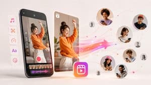 Frame video verticale di un Reel che viene distribuito verso diversi spettatori su Instagram