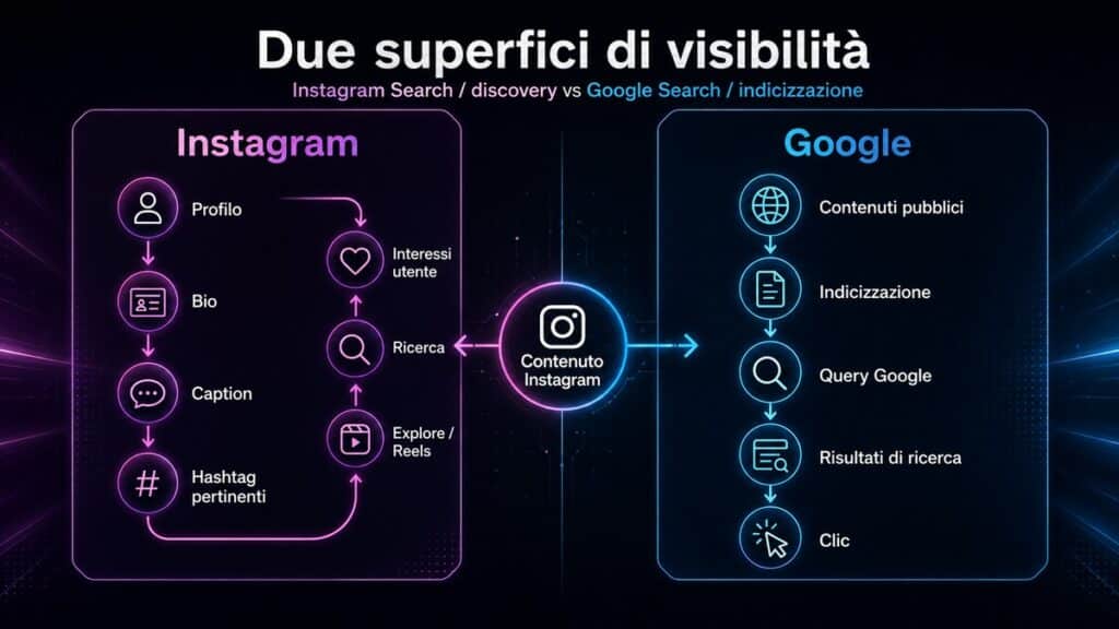 Instagram SEO: come farti trovare su Instagram e Google 1 Diagramma a due flussi che confronta ricerca e discovery su Instagram con indicizzazione e ricerca dei contenuti Instagram su Google