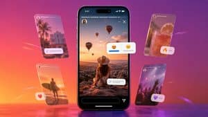 Smartphone con sequenza di Instagram Stories, sticker e contenuti interattivi