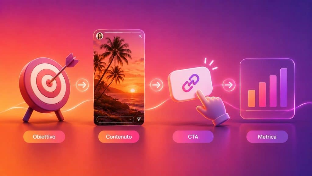Instagram Stories: cosa sono, come funzionano e come usarle in modo strategico 1 Flusso strategico per Instagram Stories da obiettivo e contenuto fino a CTA e metrica