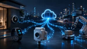 Ecosistema IoT con sensori, dispositivi connessi e flussi di dati verso sistemi di elaborazione