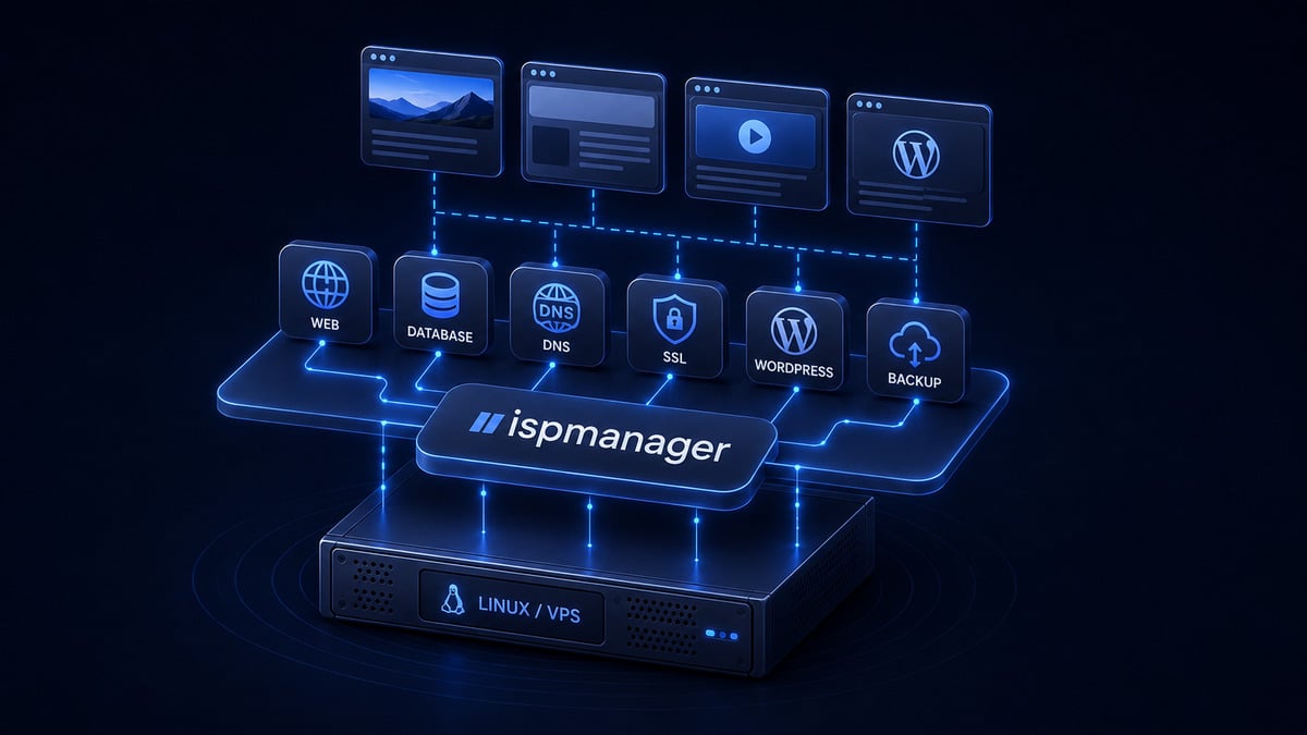 ispmanager: cos’è, come funziona, prezzi, requisiti e alternative 1 Schema di ispmanager tra server Linux, servizi web, database, DNS, SSL e siti WordPress