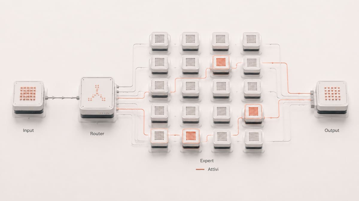 Llama: cos’è la famiglia di modelli AI di Meta, come funziona e come usarla 1 Schema Mixture of Experts con molti expert disponibili e un sottoinsieme attivato per elaborare l'input in Llama