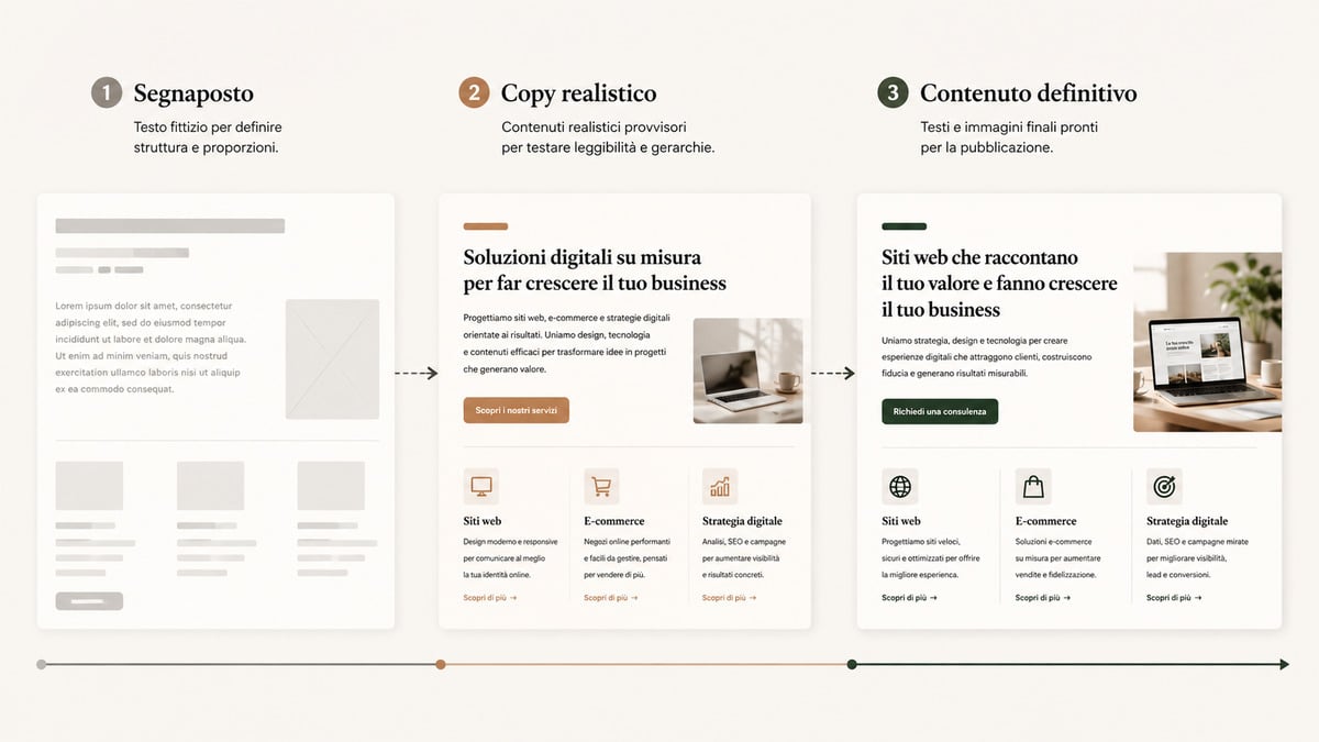 Lorem Ipsum: cos’è, significato, origine e come usare il testo segnaposto 1 Progressione dal Lorem Ipsum al copy realistico fino al contenuto definitivo