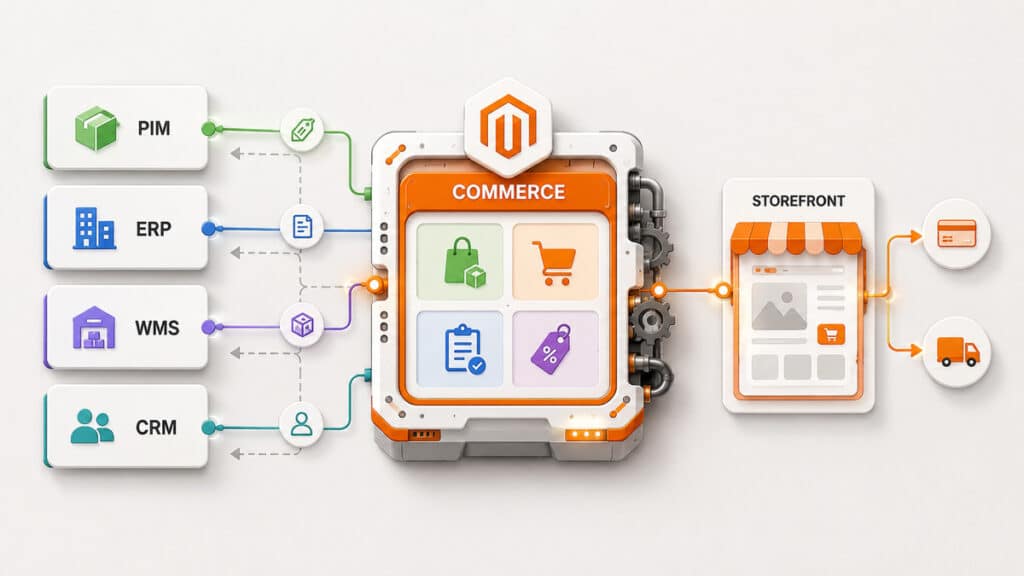 Magento: cos'è, come funziona e quando scegliere Magento Open Source o Adobe Commerce 2 Architettura ecommerce con Magento collegato a PIM, ERP, WMS, CRM e storefront