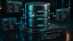 Rappresentazione di MariaDB come database server relazionale con tabelle e flussi SQL