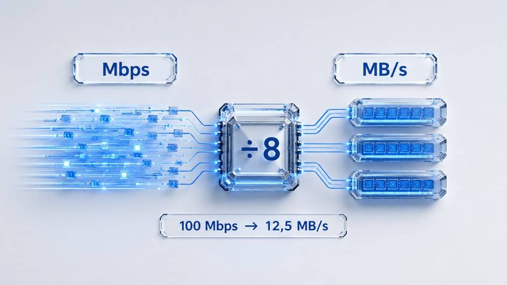 Bit e byte: cosa sono, qual è la differenza e come convertirli 1 Schema della conversione da Mbps a MB/s dividendo la velocità in megabit per 8