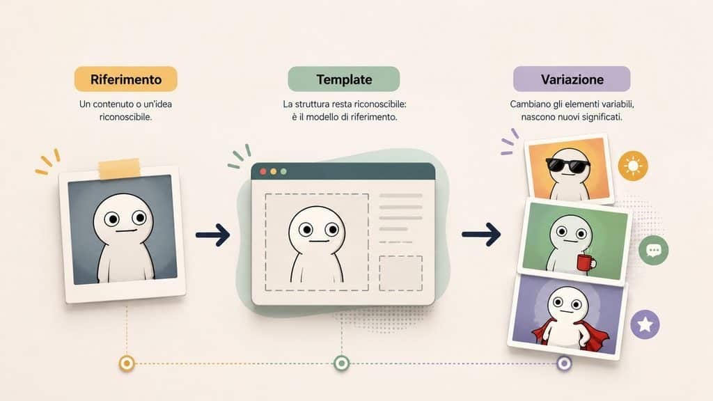 Meme: cosa sono, significato e perché diventano virali 1 chema visuale che mostra un riferimento trasformarsi in template e poi in nuove variazioni in un meme