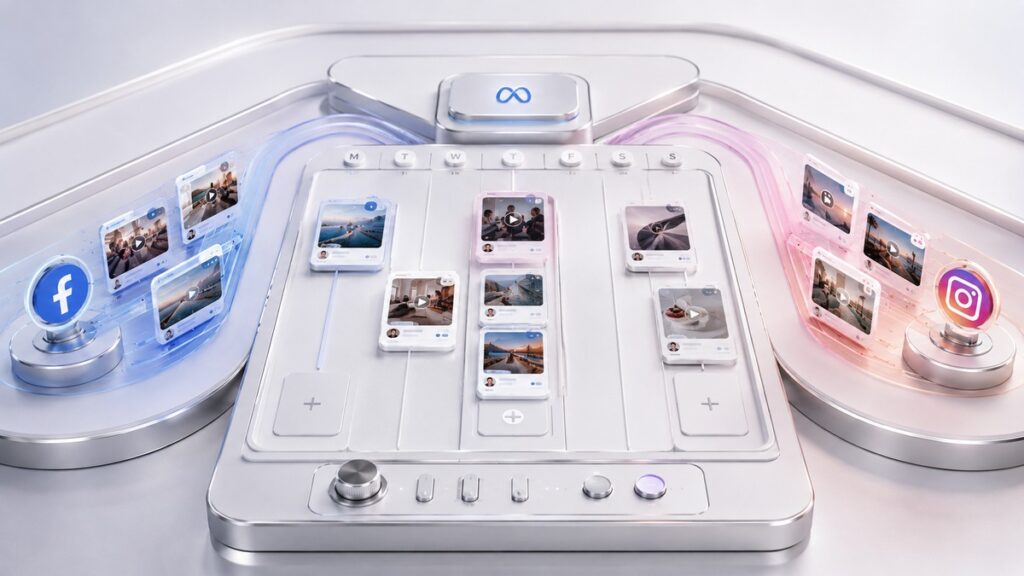 Meta Business Suite: cos'è, come funziona e come usarla per Facebook e Instagram 1 Mockup concettuale di un planner che programma contenuti per Facebook e Instagram