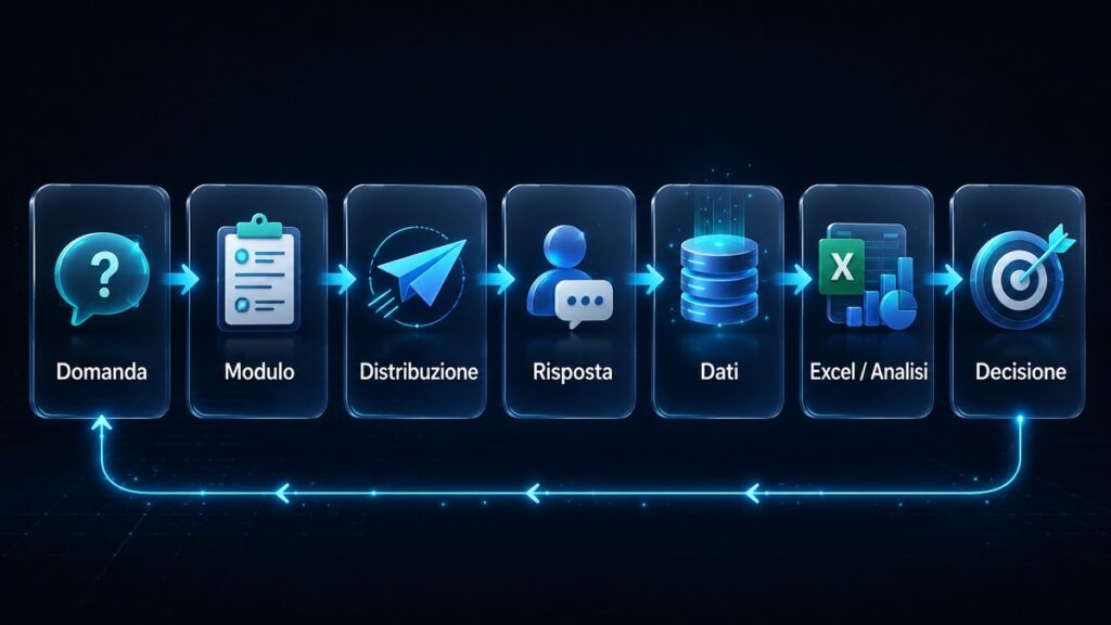 Microsoft Forms: cos’è, come funziona e come creare moduli, quiz e sondaggi 1 Diagramma del ciclo informativo di Microsoft Forms : flusso da domanda e modulo alla distribuzione, risposta, dati, analisi in Excel e decisione