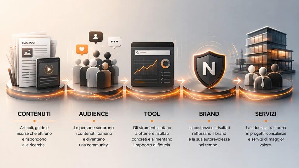 Neil Patel: chi è, cosa fa e perché è diventato un riferimento nel digital marketing 1 Flusso da contenuti ad audience, tool, brand e servizi nel modello di marketing di Neil Patel