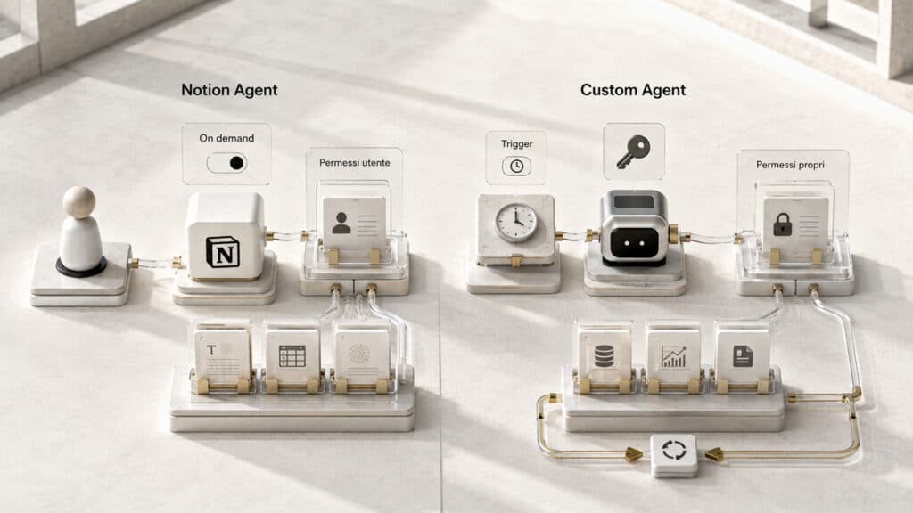 Notion: cos’è, come funziona e cosa puoi fare con workspace, AI e agenti 2 Confronto visivo tra Notion Agent con i permessi dell’utente e Custom Agent con permessi propri e trigger