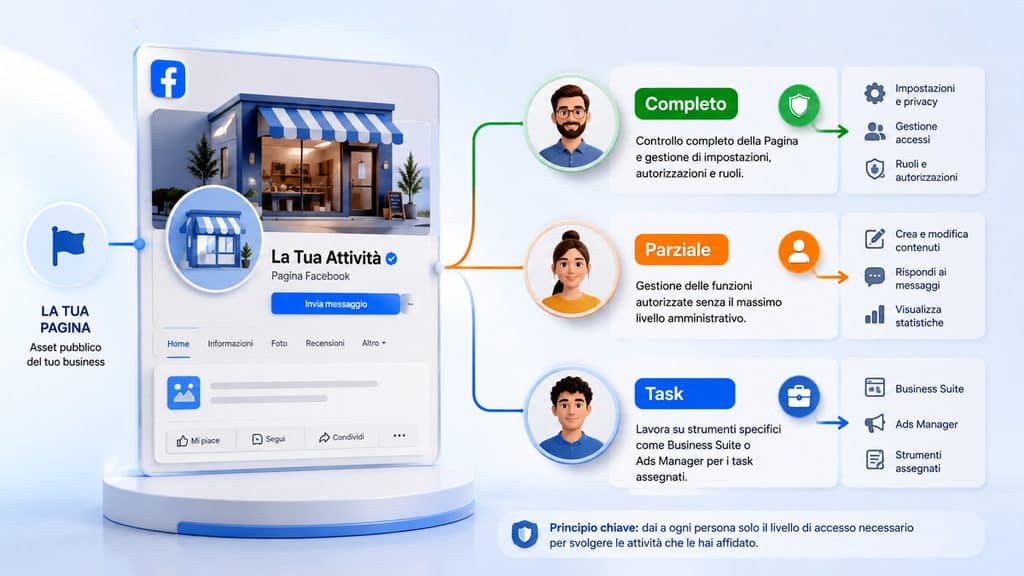 Pagina Facebook: come crearla, configurarla e gestirla per la tua attività 1 Schema dei livelli di accesso completo, parziale e task per la gestione di una Pagina Facebook