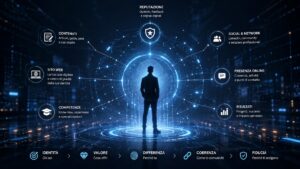 Professionista al centro di una rete digitale che collega contenuti, sito web, competenze, reputazione, social e risultati
