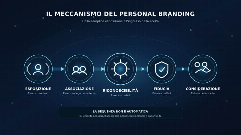 Personal branding: significato, strategia ed esempi per costruire un brand personale 1 Diagramma del personal branding: esposizione, associazione, riconoscibilità, fiducia e considerazione