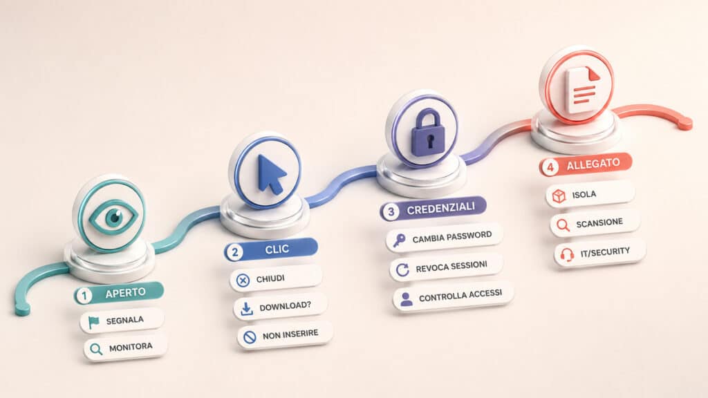 Phishing: cos’è, come riconoscere email, siti falsi e cosa fare se hai cliccato 1 Percorso in quattro passaggi con le azioni da compiere dopo aver aperto una mail di phishing, cliccato, inserito credenziali o aperto un allegato