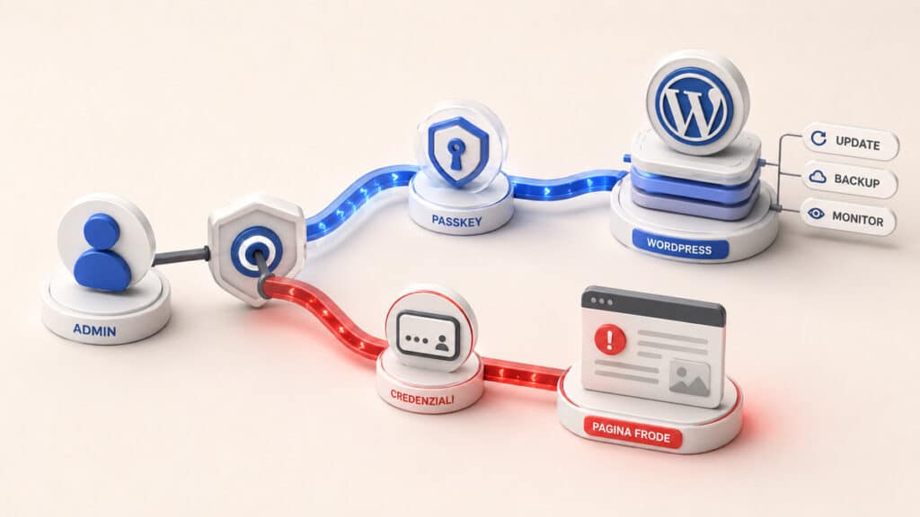 Phishing: cos’è, come riconoscere email, siti falsi e cosa fare se hai cliccato 2 Percorso di accesso WordPress con ramo sicuro tramite passkey e ramo compromesso che porta dal furto delle credenziali a una pagina fraudolenta