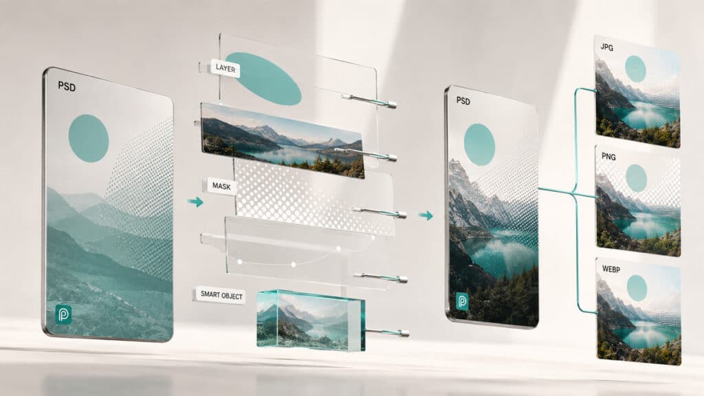Photopea: cos'è, come funziona e quando usarlo al posto di Photoshop 2 Workflow di un file PSD che viene modificato attraverso livelli, maschere e Smart Objects prima dell'esportazione