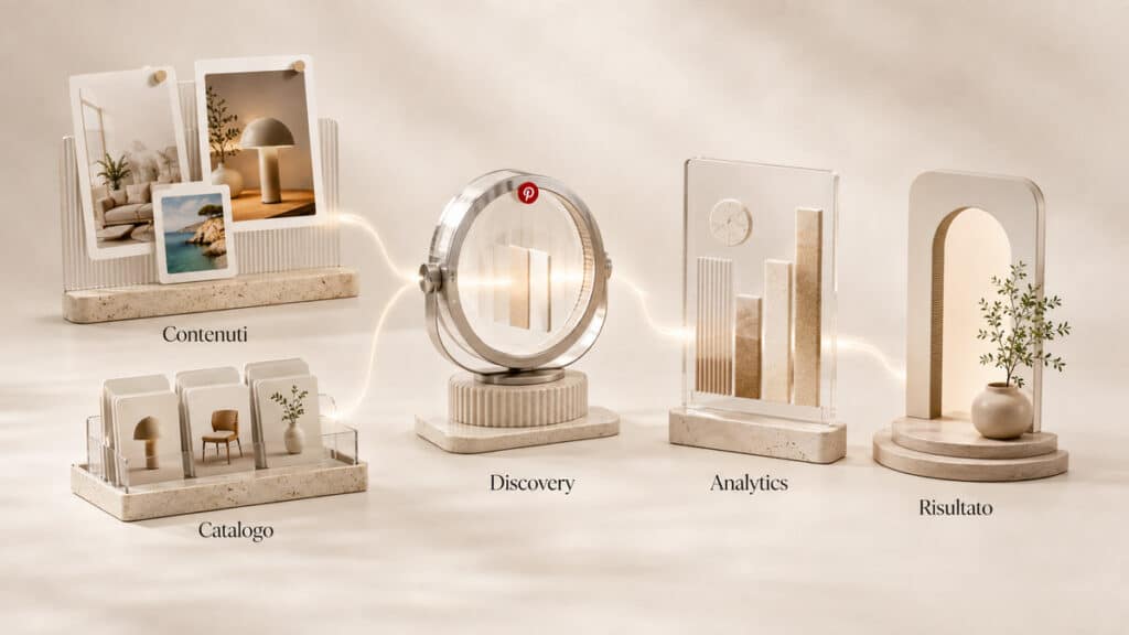 Pinterest: cos’è, come funziona e come usarlo per marketing e vendite 2 Sistema Pinterest Business che collega contenuti e catalogo alla discovery, agli analytics e ai risultati
