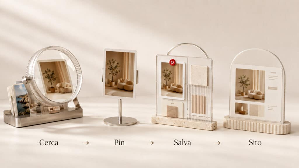 Pinterest: cos’è, come funziona e come usarlo per marketing e vendite 1 Percorso Pinterest dalla ricerca di un’idea al Pin, al salvataggio e alla visita del sito