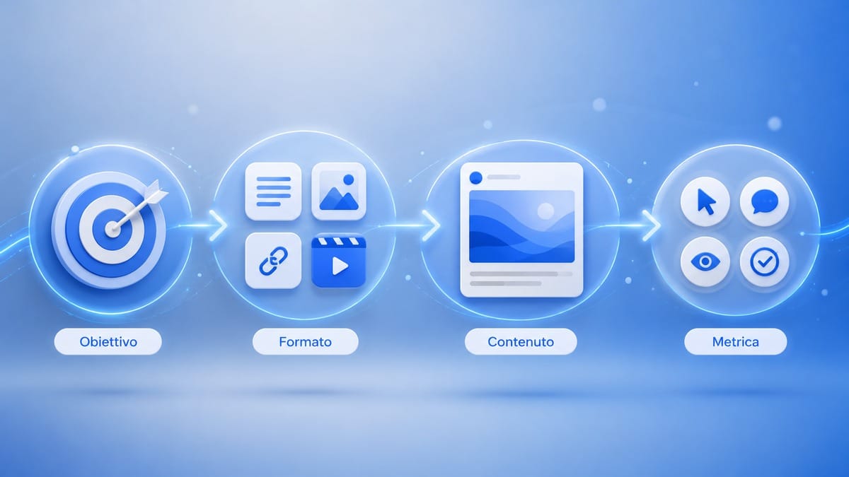 Post Facebook: come crearli, scriverli e pubblicarli in modo efficace 1 Flusso da obiettivo a formato, contenuto e metrica per scegliere un post Facebook