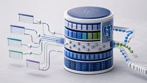Home 7 Rappresentazione di PostgreSQL come motore database con tabelle, relazioni e percorsi di query