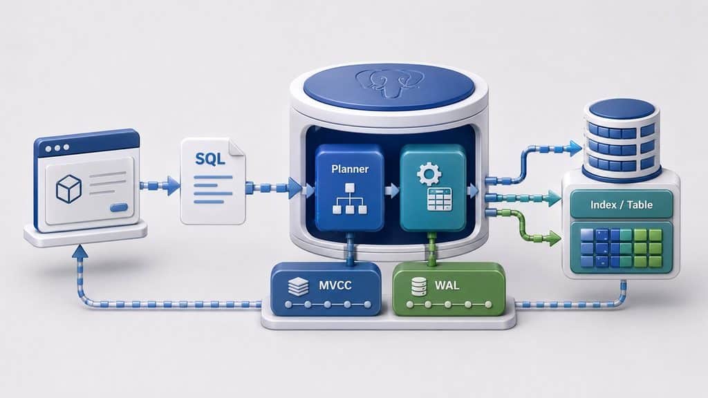 PostgreSQL: cos’è, come funziona, a cosa serve e quando sceglierlo 1 Schema del percorso di una query PostgreSQL attraverso planner, indice o tabella, MVCC e WAL