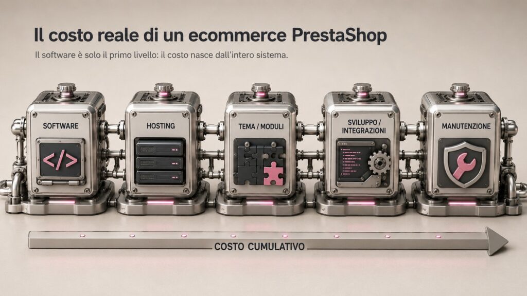 PrestaShop: cos’è, come funziona e quando conviene usarlo per un ecommerce 1 Componenti del costo reale di PrestaShop: software, hosting, moduli, sviluppo e manutenzione