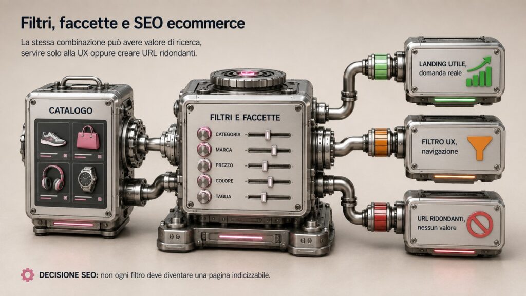 PrestaShop: cos’è, come funziona e quando conviene usarlo per un ecommerce 2 Catalogo PrestaShop con filtri separati tra landing SEO utili, filtri di navigazione e combinazioni URL ridondanti