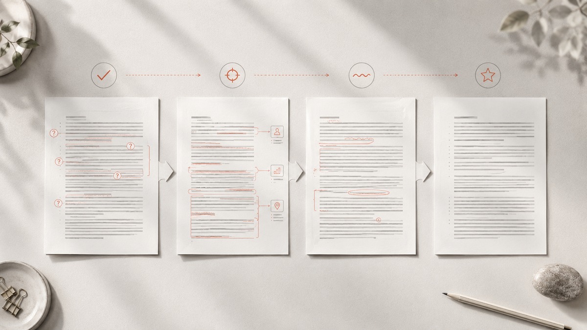 Come umanizzare testi AI: metodo pratico per renderli naturali, credibili e davvero tuoi 1 Documento AI che attraversa diverse fasi di verifica, specificità, revisione della voce e controllo editoriale