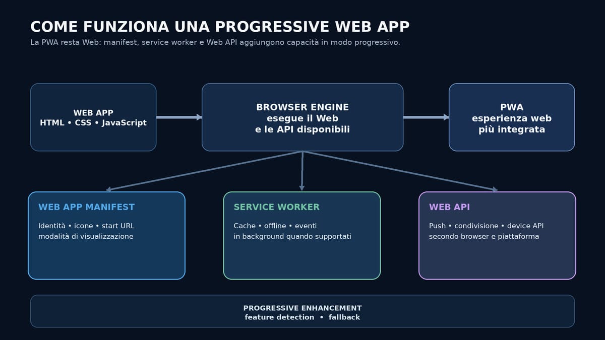Progressive Web App (PWA): cosa sono, come funzionano e quando convengono davvero 1 Schema dell’architettura Progressive WebApp con Web App Manifest, service worker e Web API collegati al browser