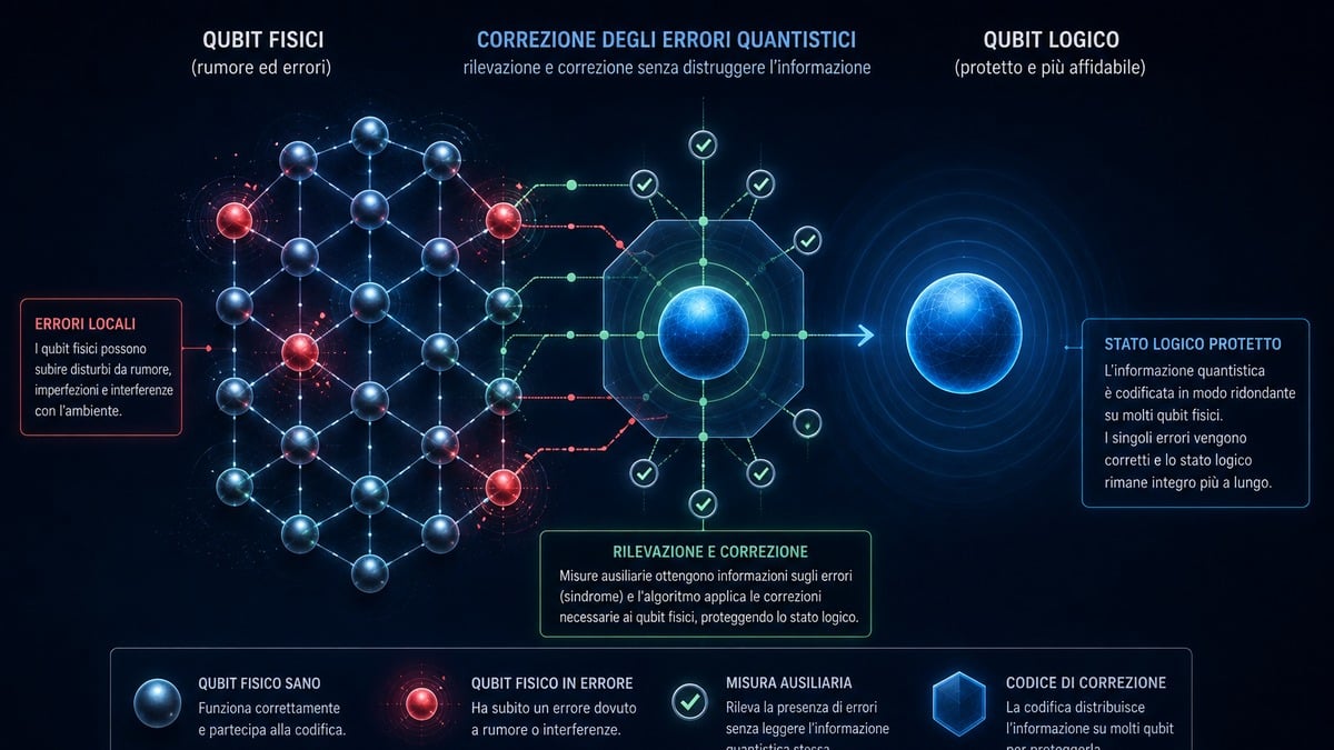Computer quantistico: cos’è, come funziona, a cosa serve e quali sono i limiti 2 Differenza visiva tra qubit fisici e qubit logici con correzione degli errori
