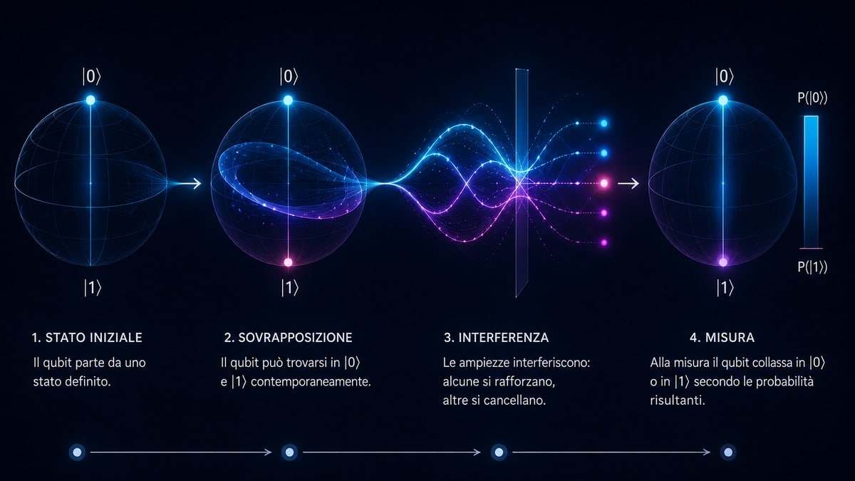 Computer quantistico: cos’è, come funziona, a cosa serve e quali sono i limiti 1 Rappresentazione del funzionamento di un qubit tra sovrapposizione interferenza e misura