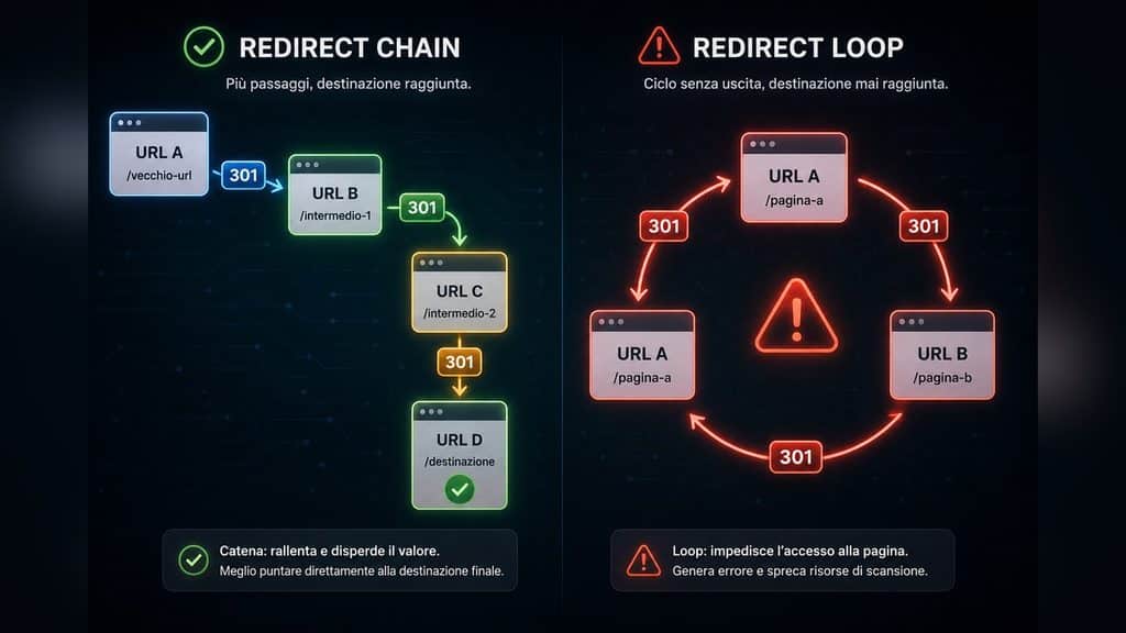 Redirect: cosa sono, come funzionano e quale usare per la SEO 2 Visualizzazione di una redirect chain con più passaggi e di un redirect loop che torna continuamente agli stessi URL