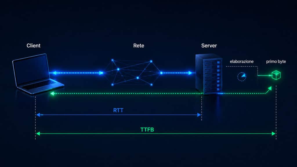 Round Trip Time (RTT): cos'è, come si misura e perché conta nelle prestazioni web 1 Schema che confronta Round Trip Time e TTFB tra client, rete e server