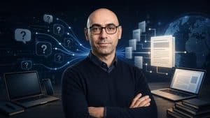Home 9 Ritratto editoriale di Salvatore Aranzulla circondato da elementi che rappresentano guide online, ricerca e tecnologia
