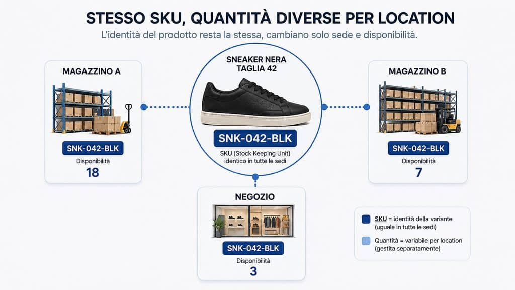 SKU: cos’è il codice Stock Keeping Unit, a cosa serve e come crearlo 1 Stessa variante con lo stesso SKU distribuita in più magazzini con quantità differenti