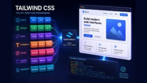 Sistema utility-first di Tailwind CSS che combina primitive di stile per costruire un’interfaccia web