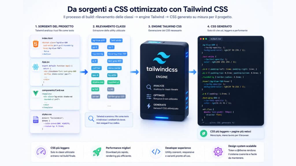 Tailwind CSS: cos’è, come funziona e come usarlo nei progetti web 1 Flusso Tailwind CSS dalle classi rilevate nei file sorgente al CSS generato