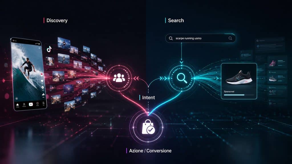 TikTok Ads: come funziona la pubblicità su TikTok, costi e campagne 1 Diagramma editoriale che confronta discovery nel feed TikTok e intento esplicito nelle Search Ads